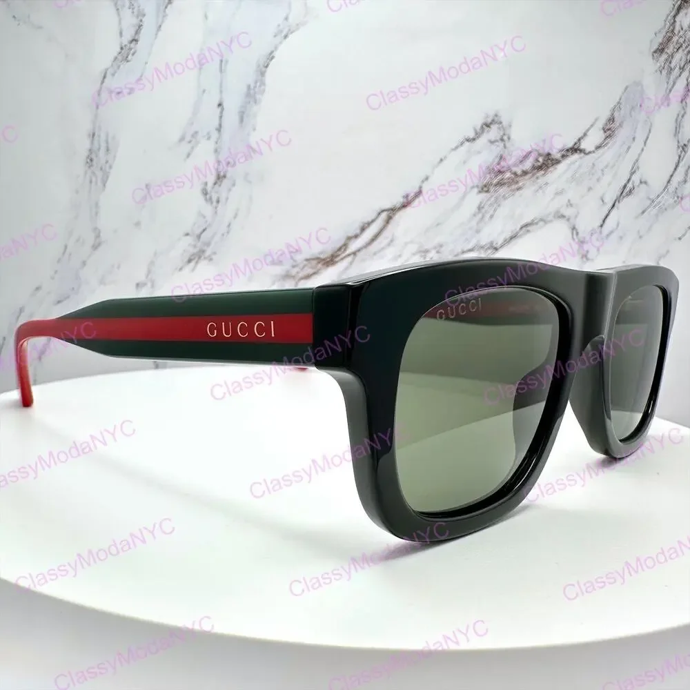 New GUCCI Sunglasses Mens 52mm Black Square Rectangle Aviator Red Green Web Arm